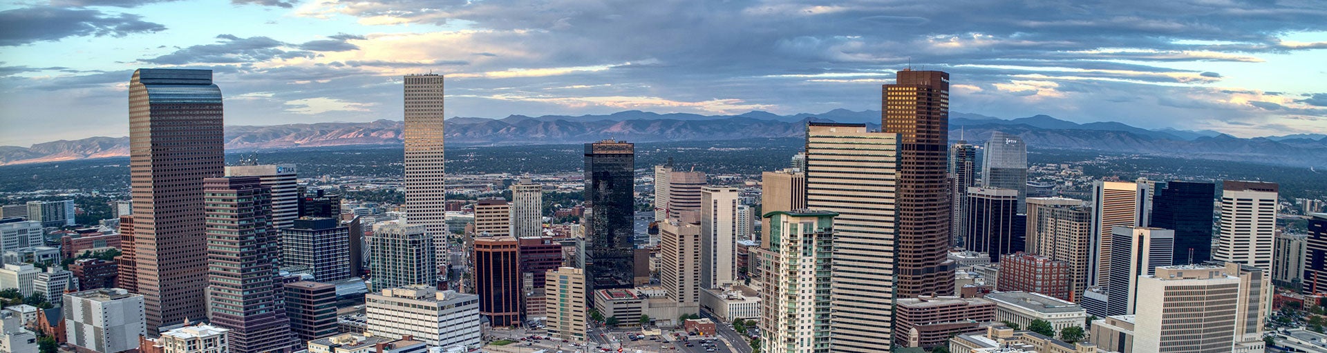 A skyline view of downtown Denver, Colorado.